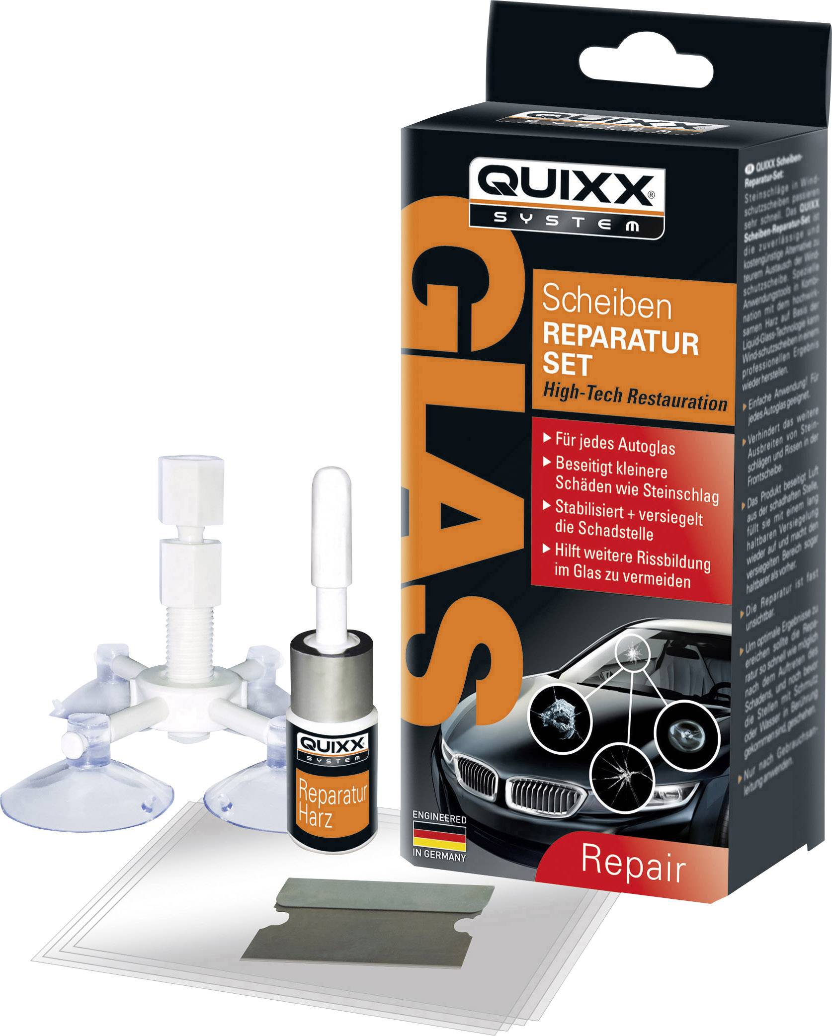 Kit de réparation de vitres QUIXX pour l'élimination des dommages sur les vitres automobiles. Contient de la résine, un support de pompe et un manuel d'instructions. Adapté aux petits dommages et aux impacts de pierre.