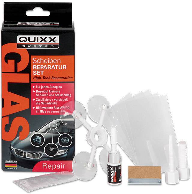 Kit de réparation de vitres QUIXX pour la réparation des vitres de voiture, comprenant un applicateur, un liquide, un mode d'emploi et des accessoires, adapté aux petits dommages.