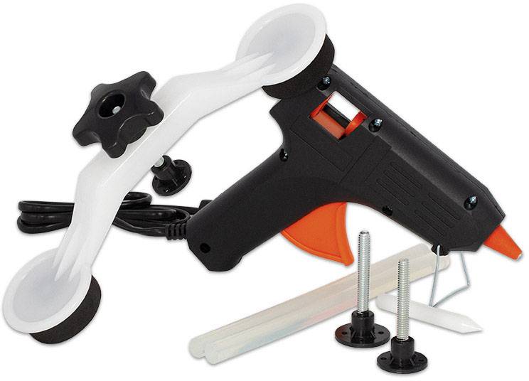 Outil de pistolet à colle de forme de pistolet avec interrupteur orange, ventouses blanches, deux vis et bâtons de colle.