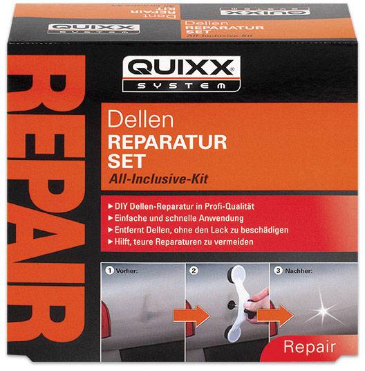 Verpackung eines Dellen-Reparatursets. Text 'Dellen Reparatur Set', mit Vorher-Nachher-Bild und Anleitung zur Lackreparatur.