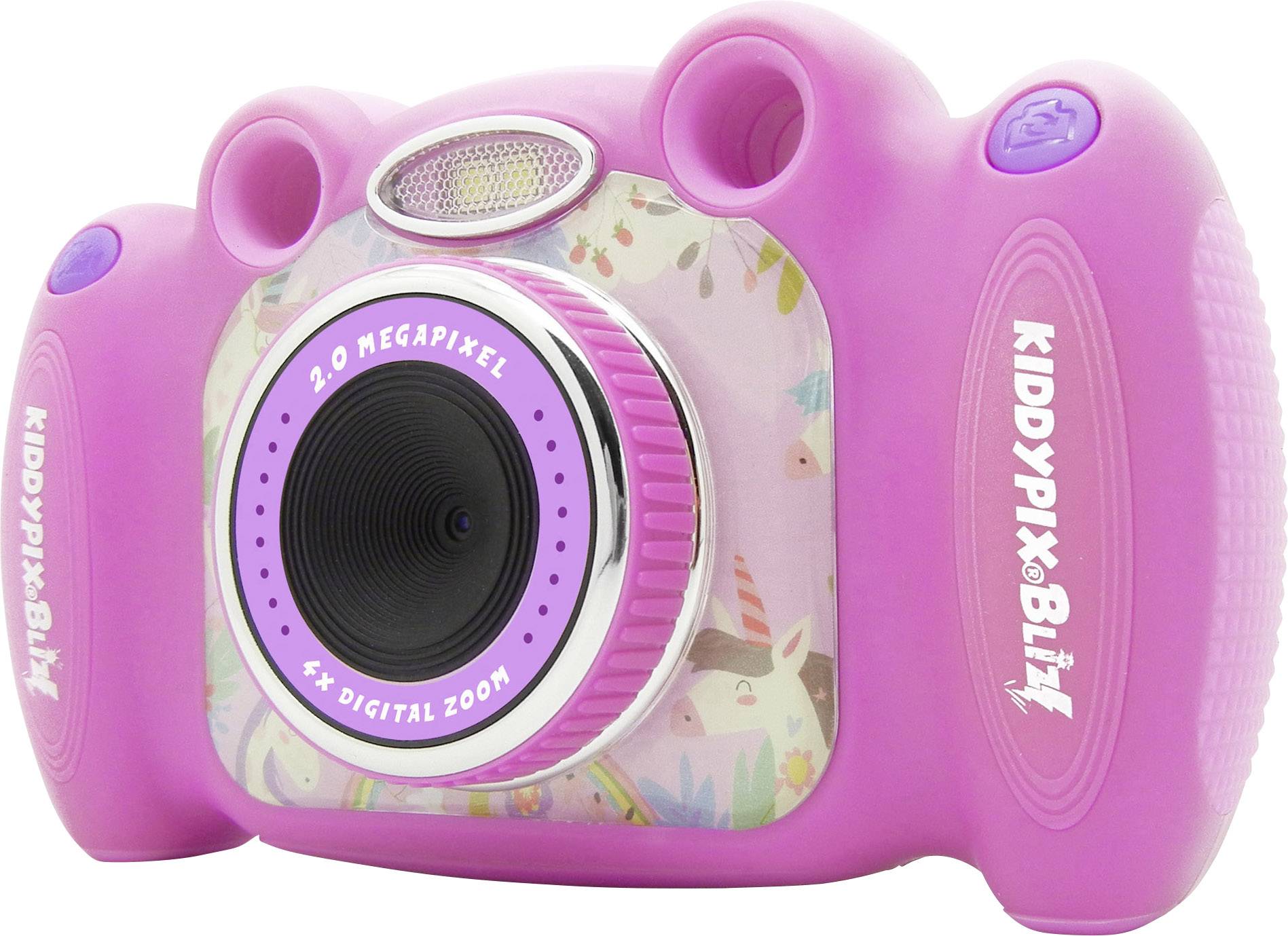 Appareil photo adapté aux enfants en rose avec l'inscription 'Kiddypix Blizz', 2,0 mégapixels, zoom numérique 4x, décoré avec des motifs de licorne.