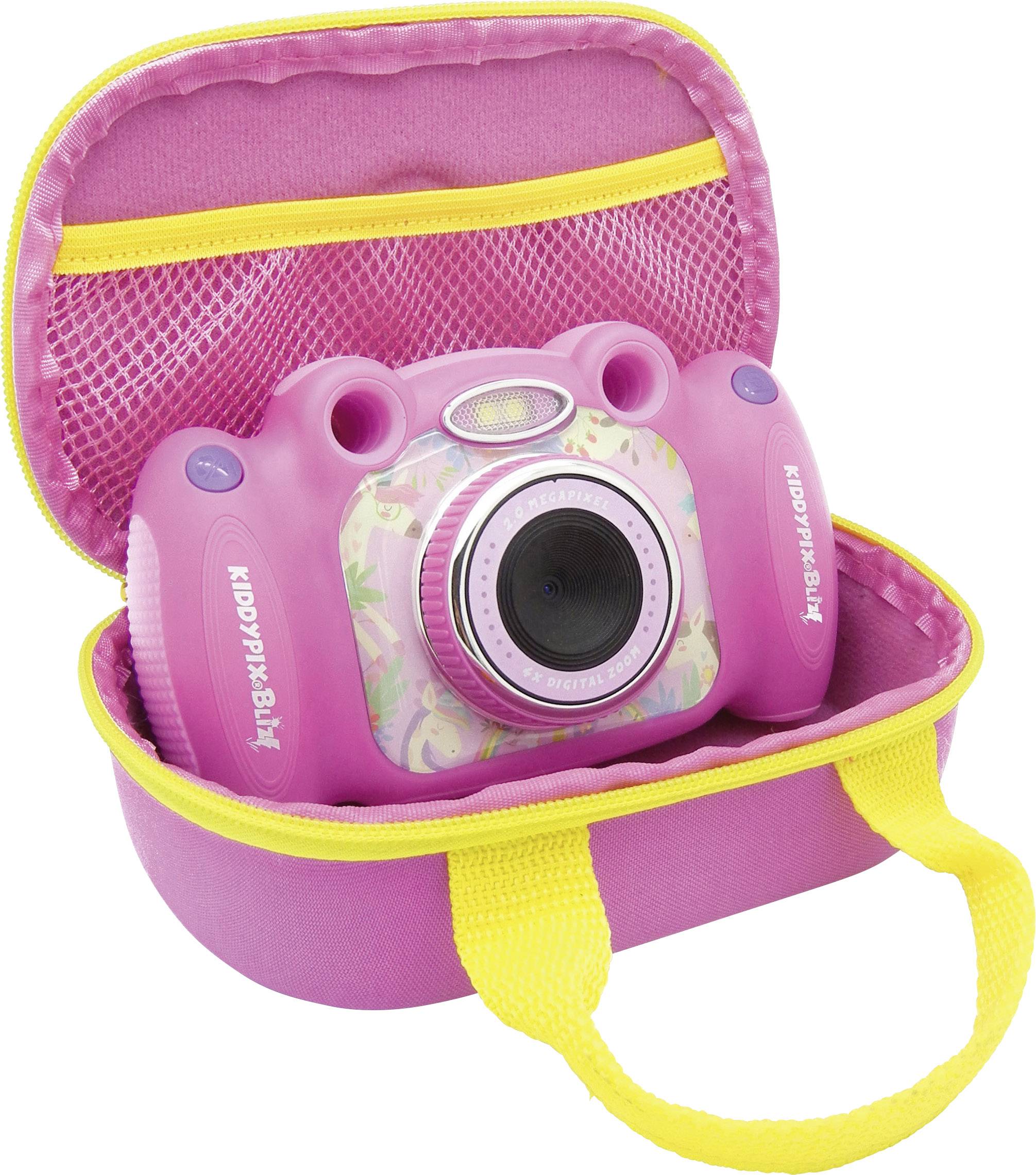 Un appareil photo rose pour enfants dans un sac assorti avec une fermeture éclair jaune et des poignées de transport. Idéal pour une photographie adaptée aux enfants.