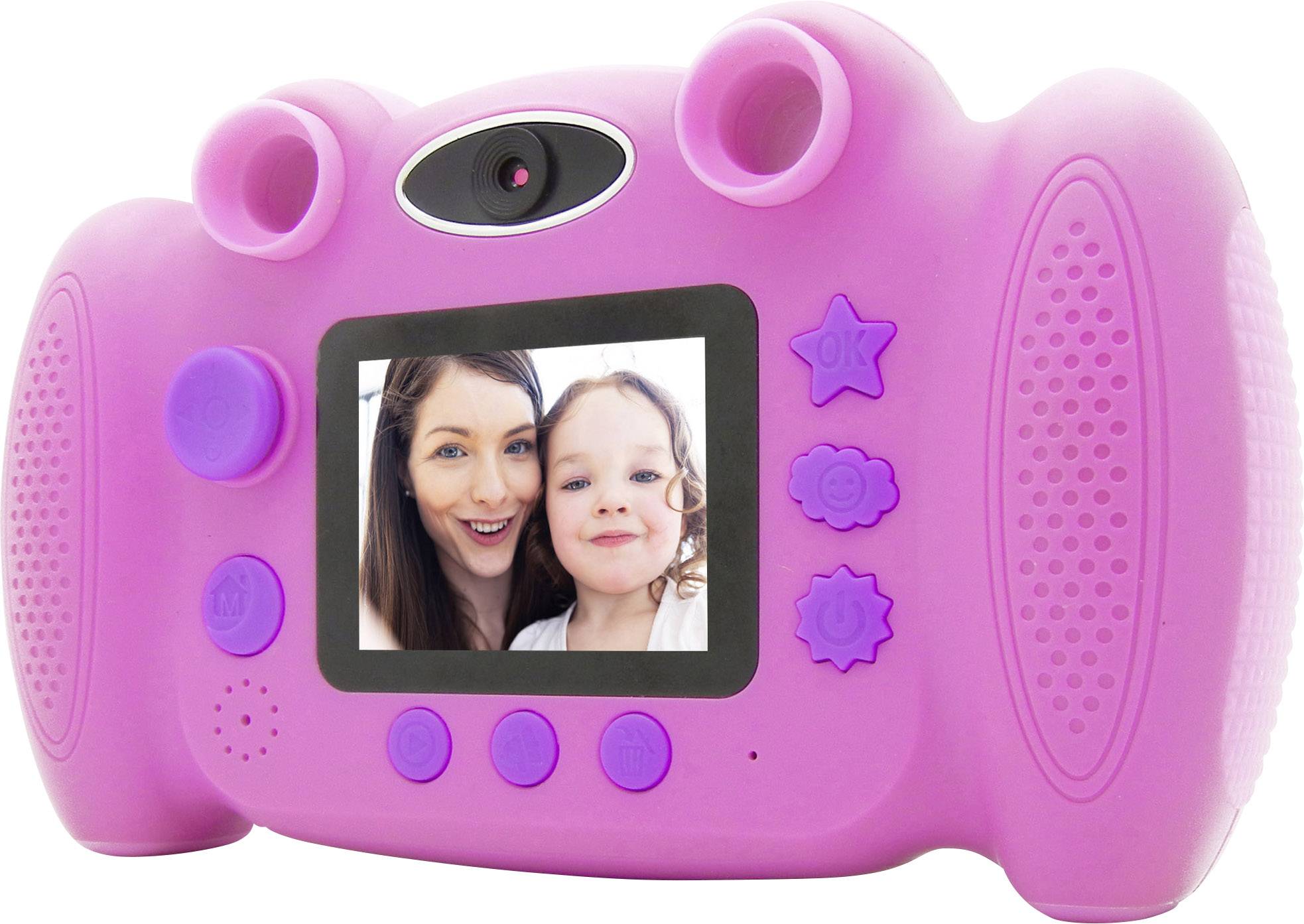 Caméra rose pour enfants avec écran montrant deux personnes souriantes. Des boutons pour l'enregistrement et la navigation sont visibles.