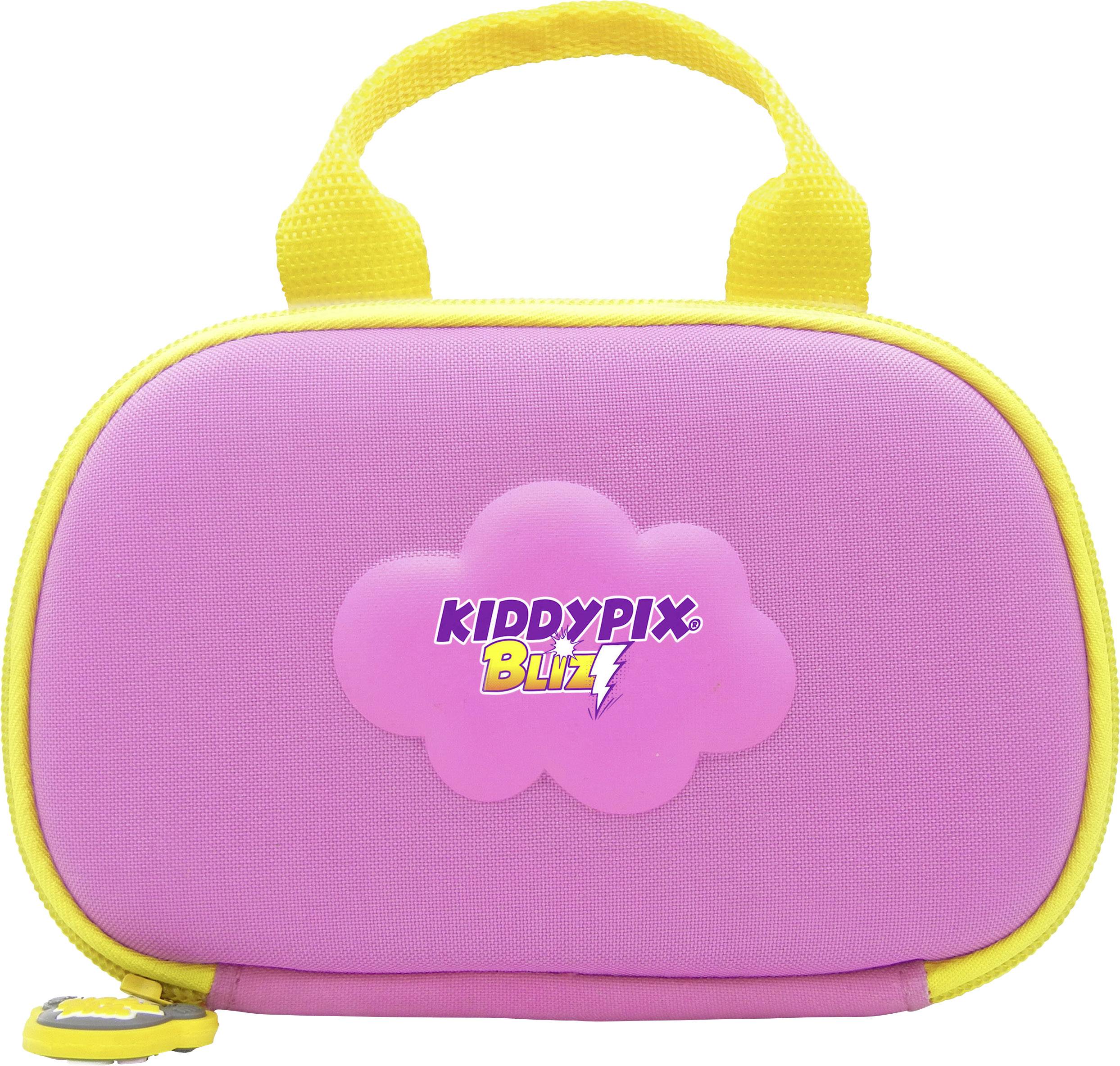 Sac rose avec une poignée jaune, sur lequel est écrit 'Kiddypix Blitz' sur un nuage lilas.