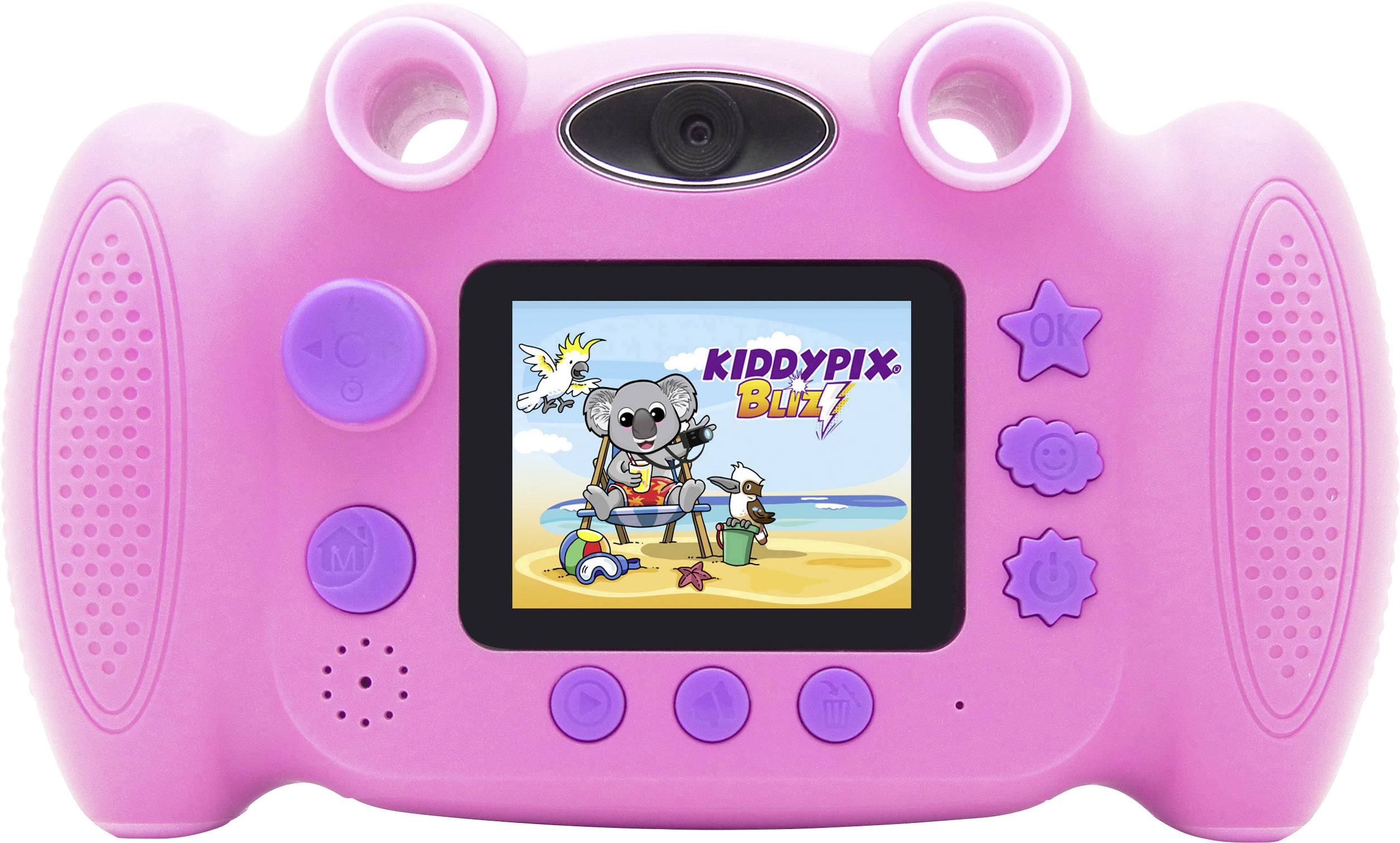Appareil photo jouet rose avec écran affichant une image de plage avec un koala. Touches latérales pour le contrôle.