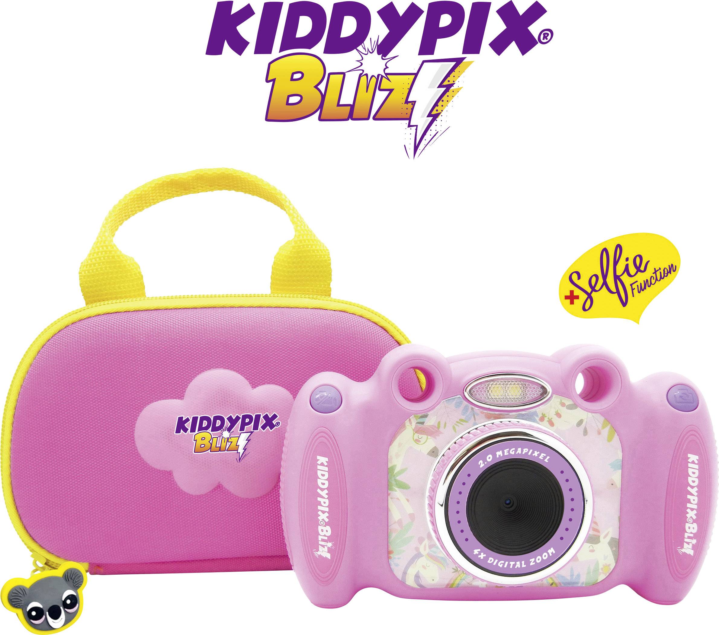 Appareil photo pour enfants rose avec motif floral, flash et fonction selfie. Sac de transport jaune avec le logo 'KiddyPix Blizz'.