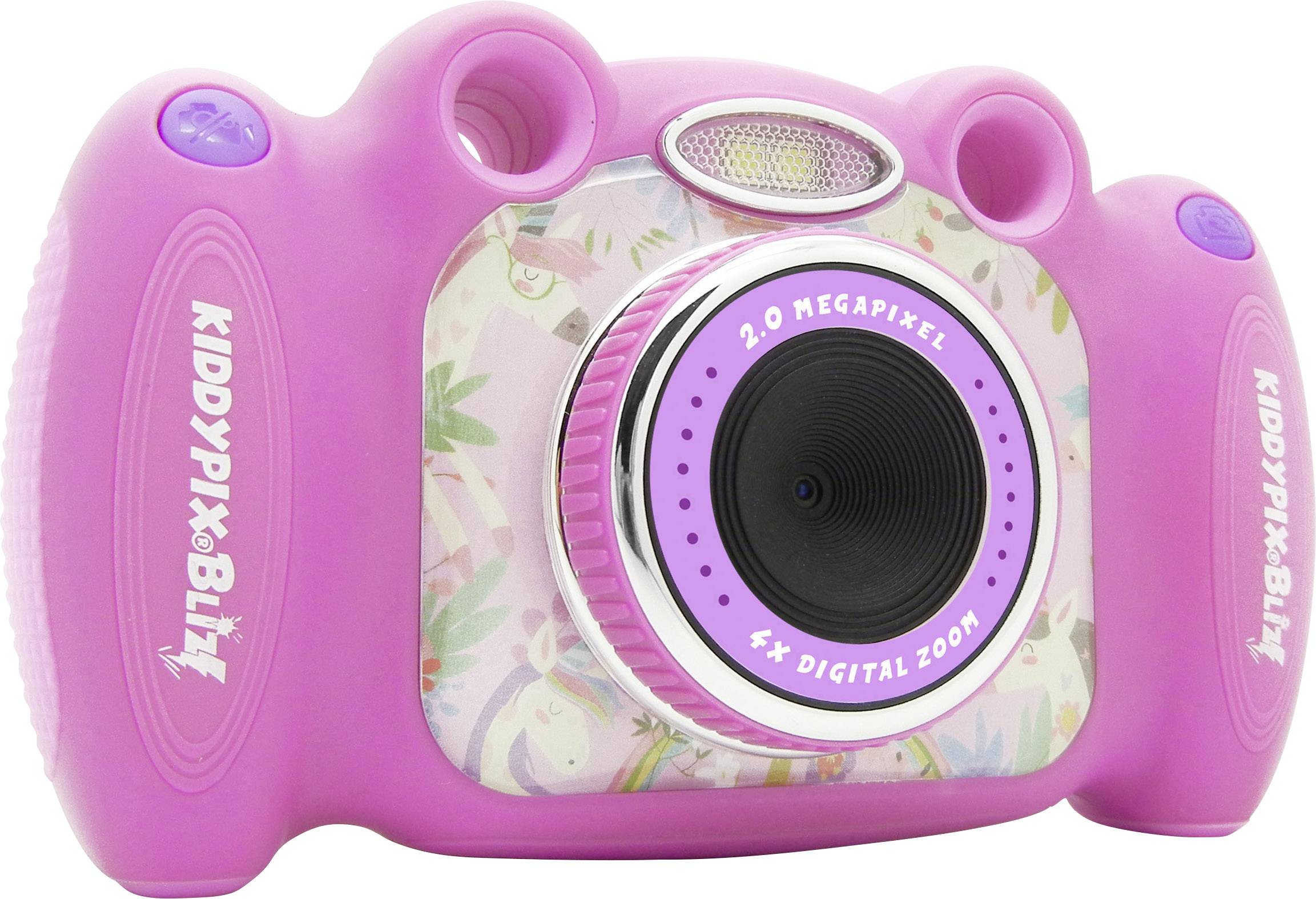 Appareil photo pour enfants en rose avec objectif de 2 mégapixels et zoom numérique 4x, adapté aux jeunes photographes.
