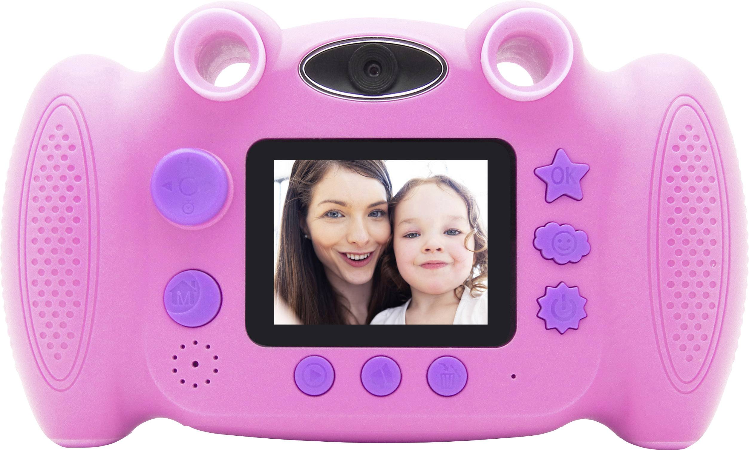 Caméra rose pour enfants avec écran montrant une femme et un enfant qui sourient. La caméra dispose de boutons violets et d'une interface de commande simple.