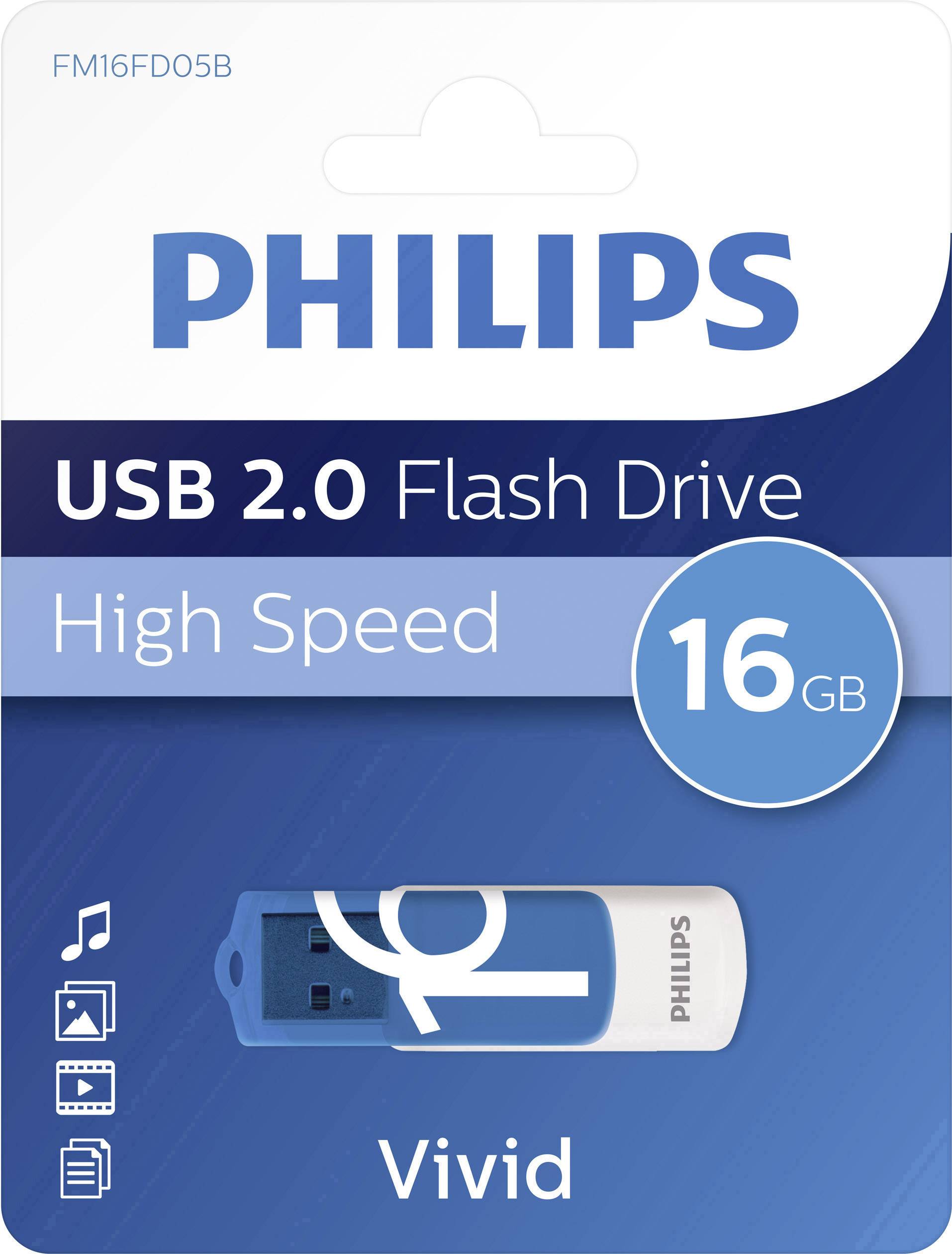 Clé USB 2.0 Philips en emballage, capacité de 16 Go, mettant l'accent sur sa haute vitesse. Illustration de la clé sur un fond bleu.