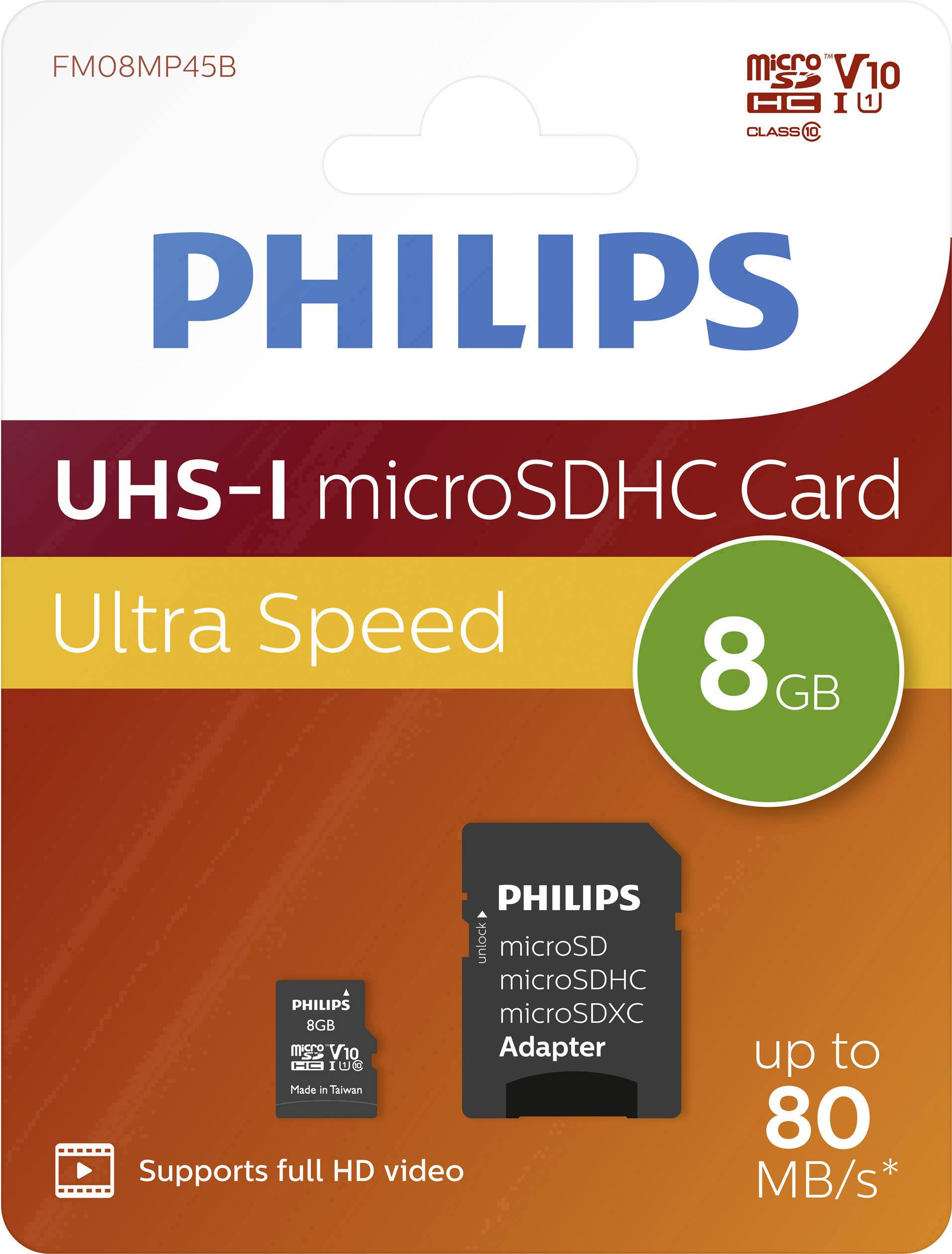 Philips Carte microSDHC 8 GB Class 10 avec adaptateur SD