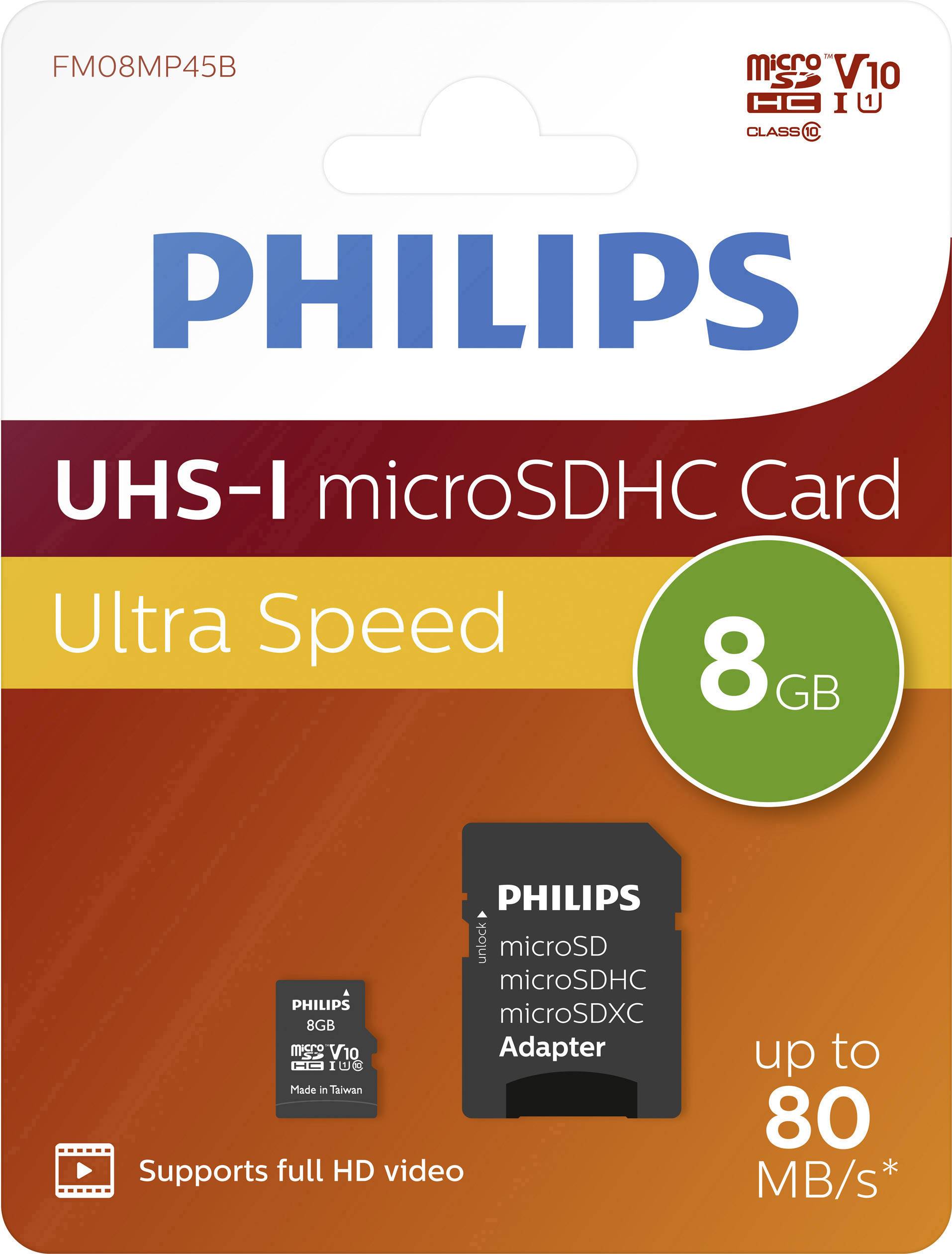 Philips Carte microSDHC 8 GB Class 10 avec adaptateur SD