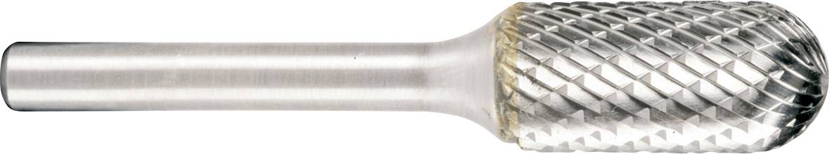 Outil rotatif à fraise en métal argenté avec une tête de coupe arrondie à motif en treillis croisé et une tige cylindrique longue, présenté sur un fond blanc.