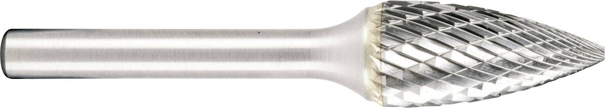 Une fraise rotative en argent avec une tête effilée à facettes diamantées et une tige lisse allongée, utilisée pour meuler ou façonner le métal.
