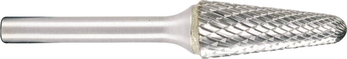 Fraise de coupe en métal avec une tige cylindrique et une tête de coupe arrondie et quadrillée, présentée sur fond blanc.