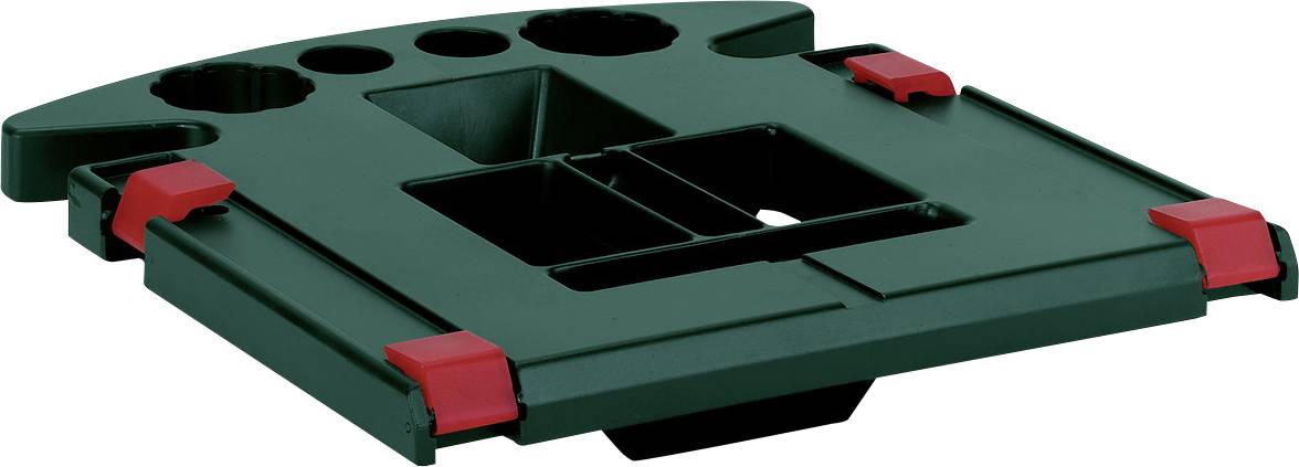 Une pièce d'outil en plastique vert avec des clips rouges, à surface plane, présentant plusieurs trous et compartiments, probablement destinée au rangement d'outils.