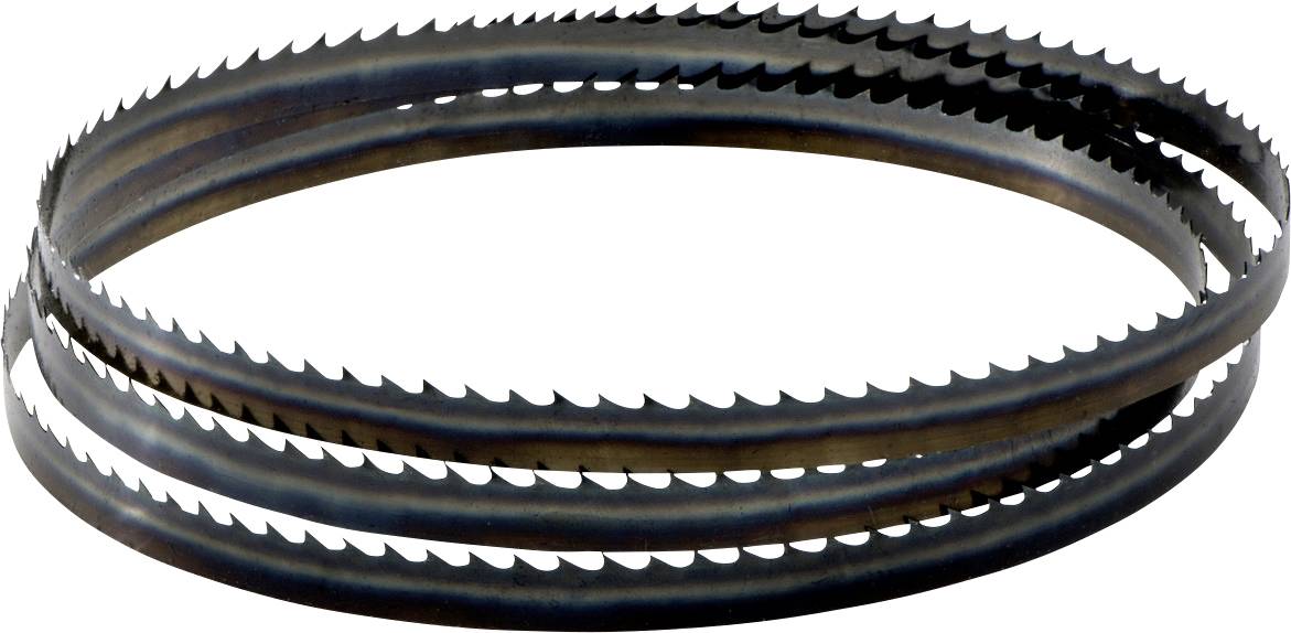 Lame de scie métallique à dents acérées, enroulée en anneau. Utilisée typiquement pour les scies mécaniques.