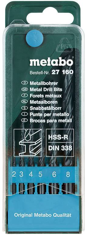 Assortiment de forets à métaux dans un étui en plastique transparent étiqueté Metabo, Bestell-Nr. 27 160, HSS-R DIN 338, avec des tailles 2–8 et des descriptions multilingues.