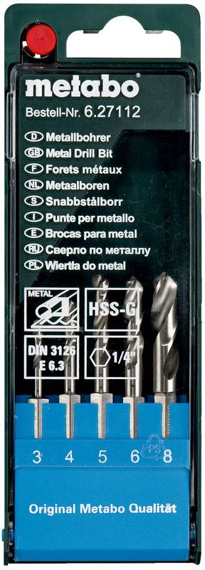 Coffret de forets Metabo dans un étui en plastique, étiqueté « Original Metabo Qualität », contenant cinq forets métalliques de 3, 4, 5, 6 et 8 mm.