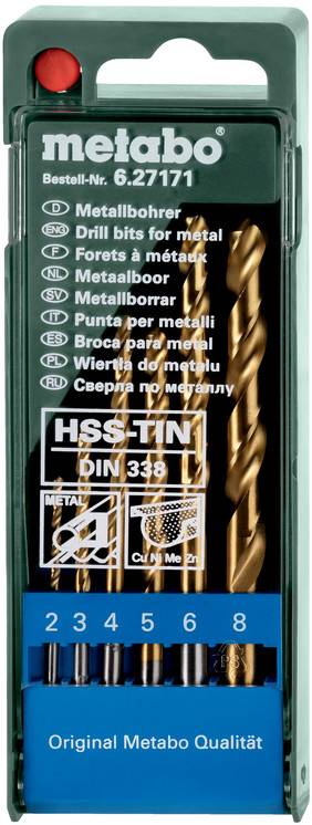Jeu de forets Metabo HSS-TIN dans un boîtier en plastique vert, montrant plusieurs forets en métal doré et les tailles 2, 3, 4, 5, 6, 8.