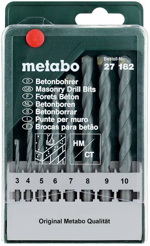 Coffret de forets Metabo dans un boîtier vert, diamètres de 4 à 10 mm. Texte en plusieurs langues.
