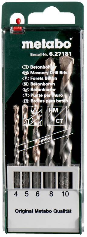 Ensemble de forets Metabo avec cinq forets pour maçonnerie étiquetés 4, 5, 6, 8 et 10 mm.
