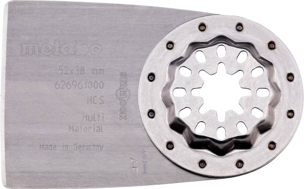Lame de scie multimatériau métallique avec verrouillage en étoile pour outils oscillants, marquée 'metabo', dimensions et origine.
