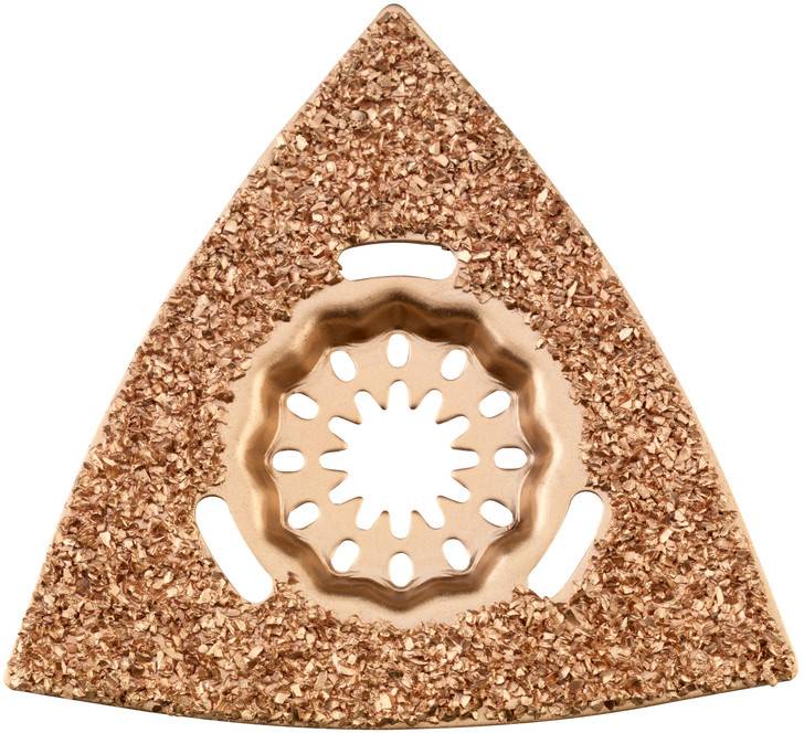 Disque abrasif triangulaire brun avec un trou central et une surface granulée, adapté pour l'enlèvement de matière dans des applications artisanales.