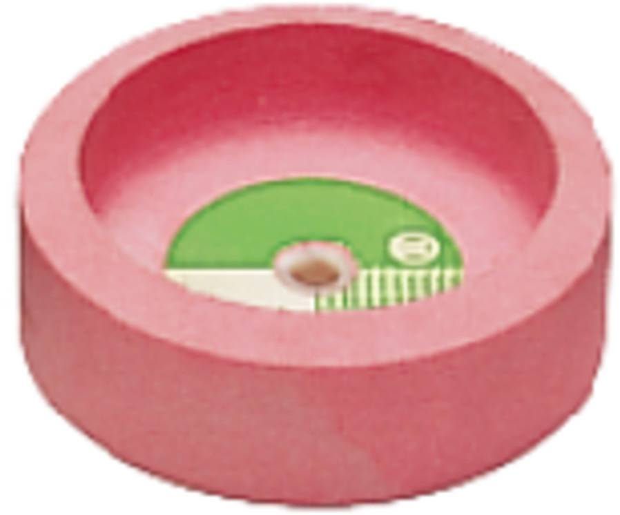 Cendrier circulaire rose avec un repose-cigarette central et une étiquette verte à l'intérieur.