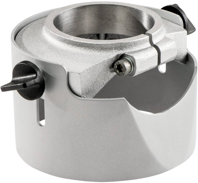 Pince métallique à vis et levier de serrage, utilisée pour fixer des pièces cylindriques ou des outils.