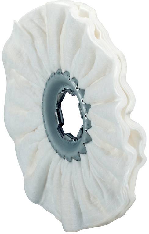 Roue de polissage blanche avec un moyeu en métal, présentée isolée sur un fond blanc.