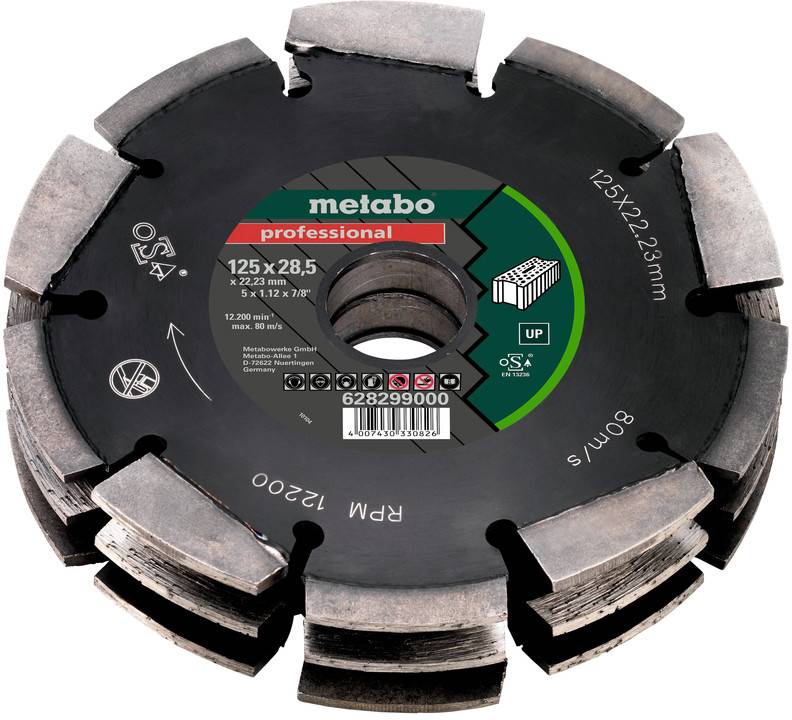 Disque diamanté Metabo, diamètre de 125 mm, adapté pour la coupe professionnelle de matériaux de construction tels que le béton et la brique.