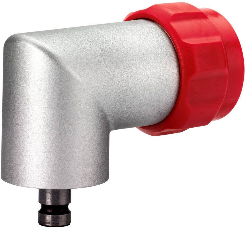 Adaptateur d'angle métallique avec raccord en plastique rouge, adapté aux connexions de tuyauterie ou aux applications de construction mécanique.