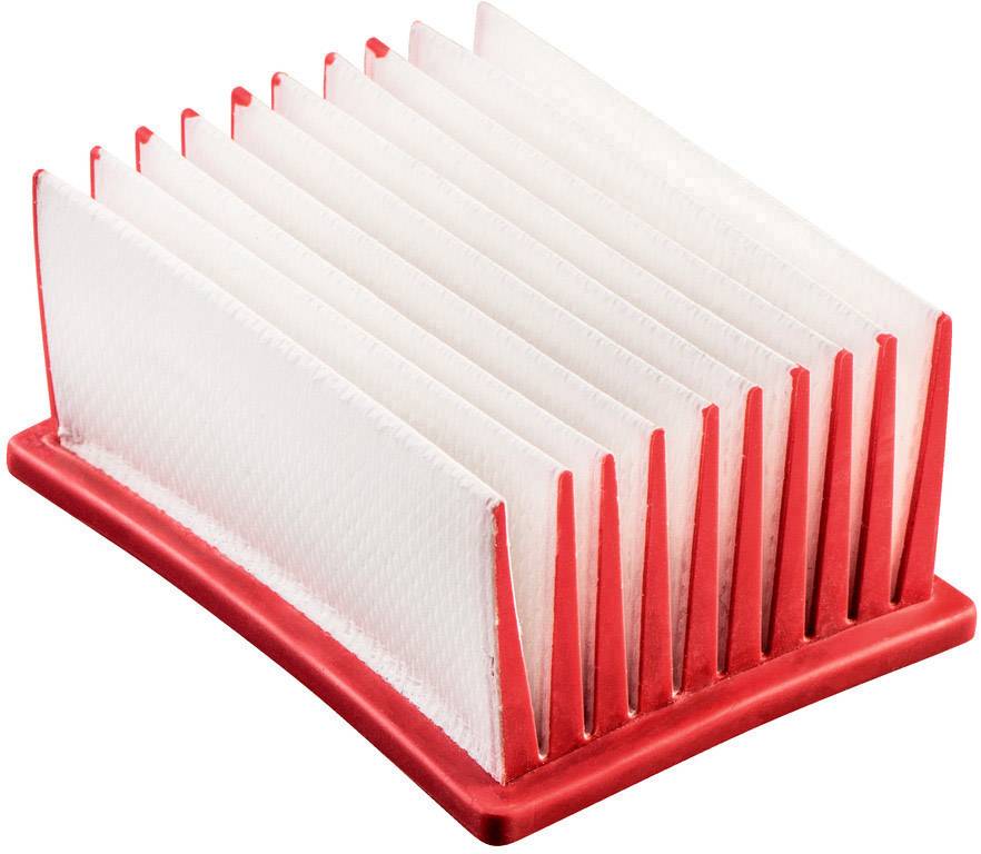 Filtre à air rouge et blanc avec un cadre rectangulaire et un matériau filtrant plissé, vu de côté. Adapté pour les voitures ou les machines.