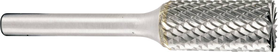 Un foret rotatif en métal avec une tête de coupe cylindrique et une tige lisse, présenté sur fond blanc.