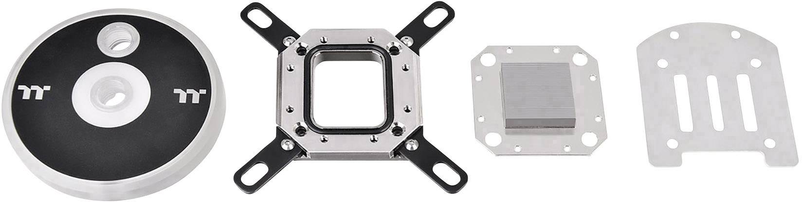 Quatre parties d'un système de refroidissement par eau pour ordinateur en métal et plastique, comprenant le couvercle du ventilateur et la plaque de support.