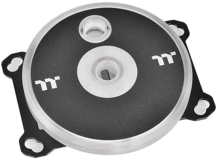 Un refroidisseur à eau circulaire pour processeur avec deux raccordements sur un fond noir et le logo du fabricant.