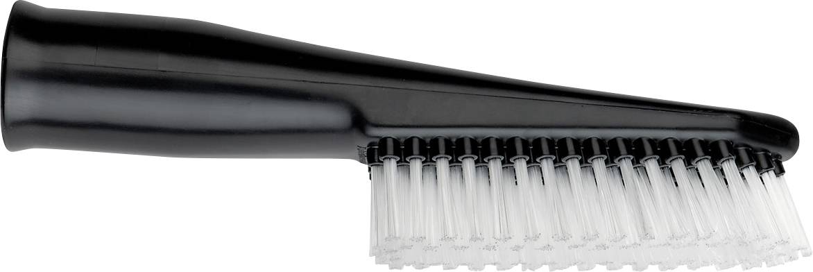 Buse noire cylindrique avec des poils de brosse blancs, adaptée au nettoyage efficace des tapis ou des sièges d'automobile.