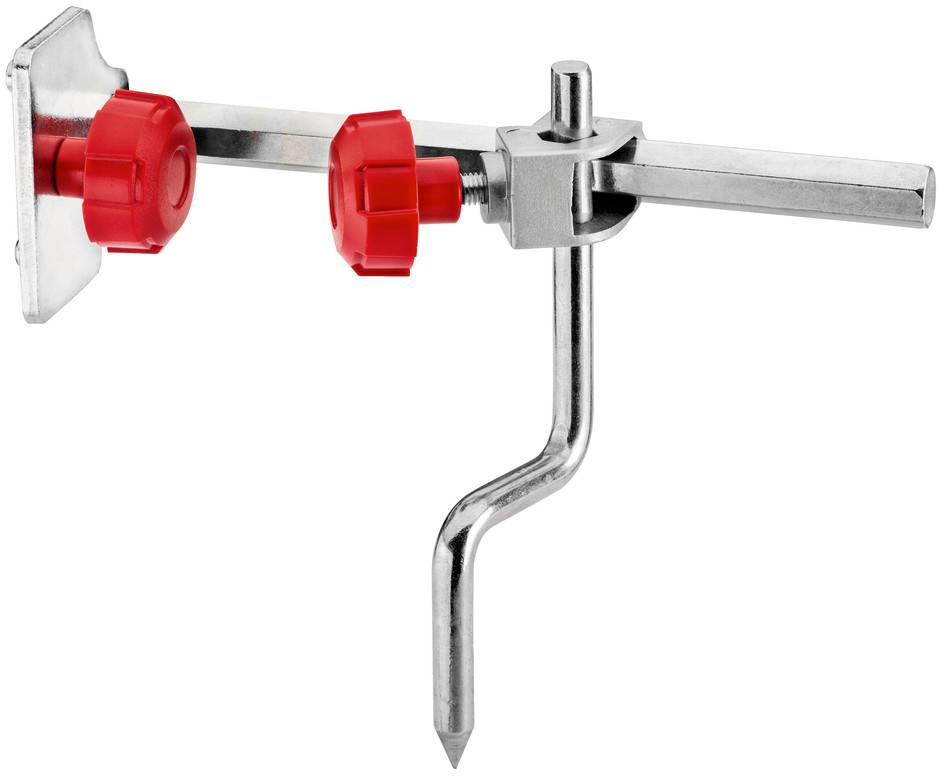 Pince à outils métallique avec boutons de serrage rouges et un crochet courbé. Adaptée pour la fixation sur des surfaces de travail ou des supports.