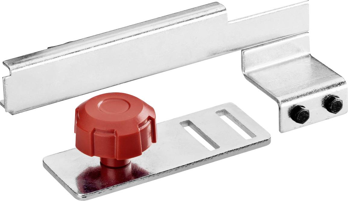 Support de montage en métal avec un bouton en plastique rouge et deux vis noires sur un fond blanc, présenté comme un composant de quincaillerie.