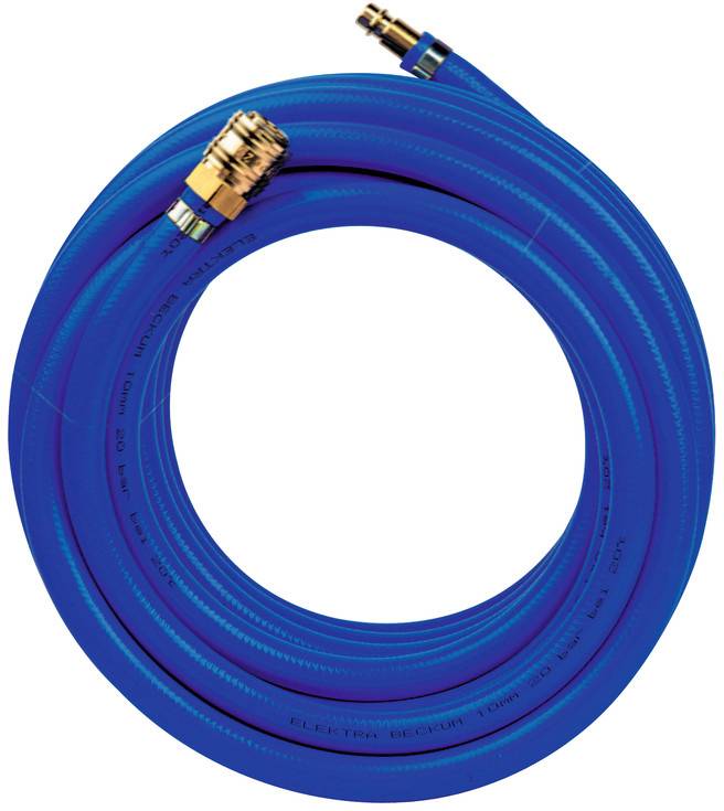 Un kit de tuyau pneumatique bleu avec un adaptateur à une extrémité, enroulé en forme de spirale, sur un fond blanc.