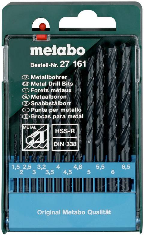 Coffret de forets métalliques Metabo, étiqueté « HSS-R DIN 338 », présentant des forets de différentes tailles dans un étui en plastique.