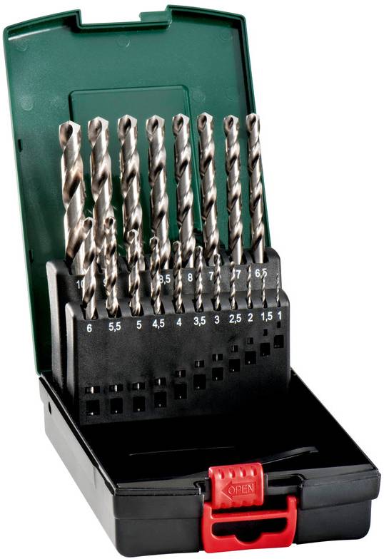 Coffret de forets avec un assortiment de forets en métal rangés par taille, de 1,5 à 10 mm, dans une boîte de rangement noire et verte.