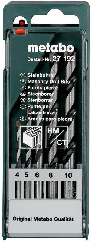 Coffret de forets à béton Metabo comprenant cinq forets de 4 à 10 mm, pour pierre et maçonnerie, dans un étui vert, référence article 27 192.