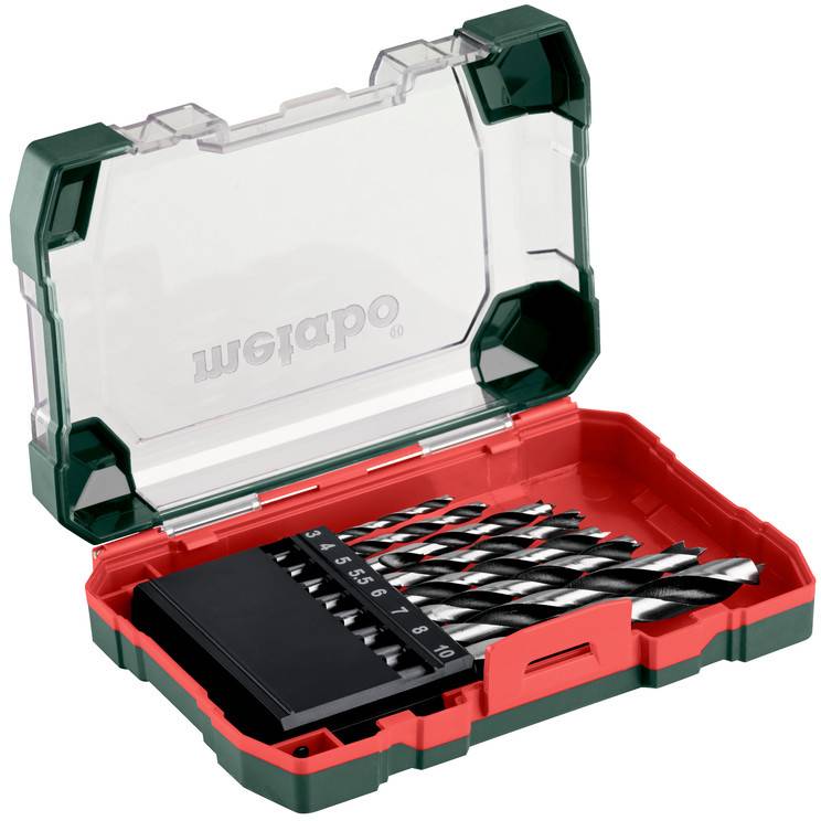 Un ensemble ouvert contenant sept forets de différentes tailles, allant de 3 à 10 mm, rangés dans un coffret en plastique vert.