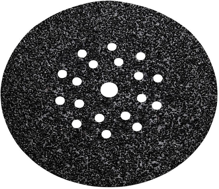 Un disque de meulage noir et rond avec plusieurs petits trous au centre, répartis de manière uniforme.