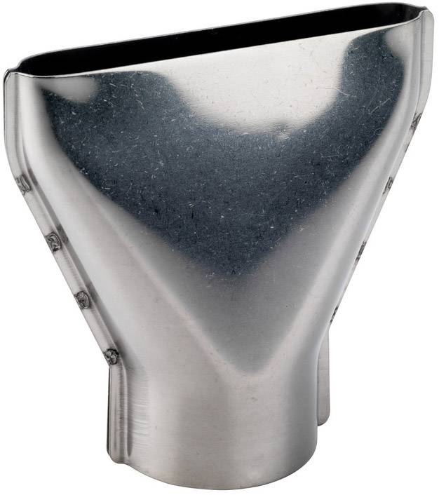 Un outil de montage métallique argenté pour applications industrielles, en forme d'entonnoir avec une large ouverture en haut et une sortie étroite en bas.