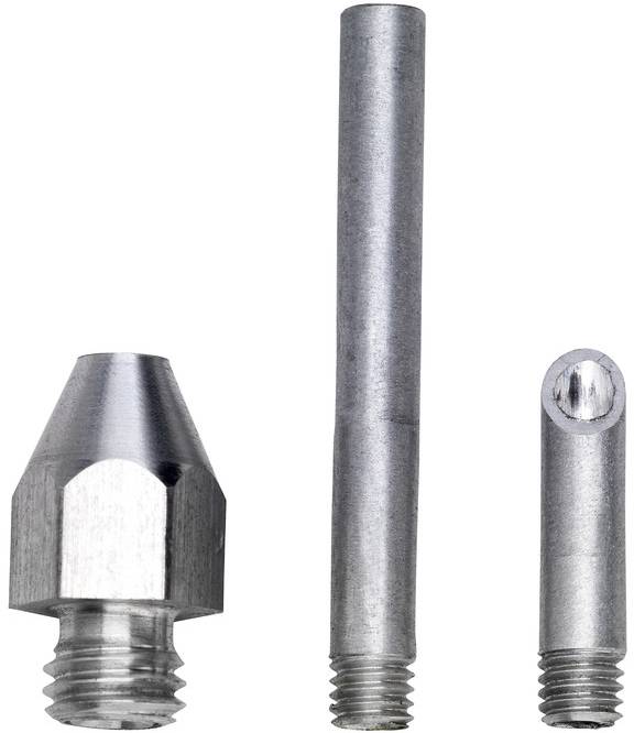 Trois pièces métalliques côte à côte : un morceau conique fileté, une longue tige cylindrique, et un tube plus court également fileté.