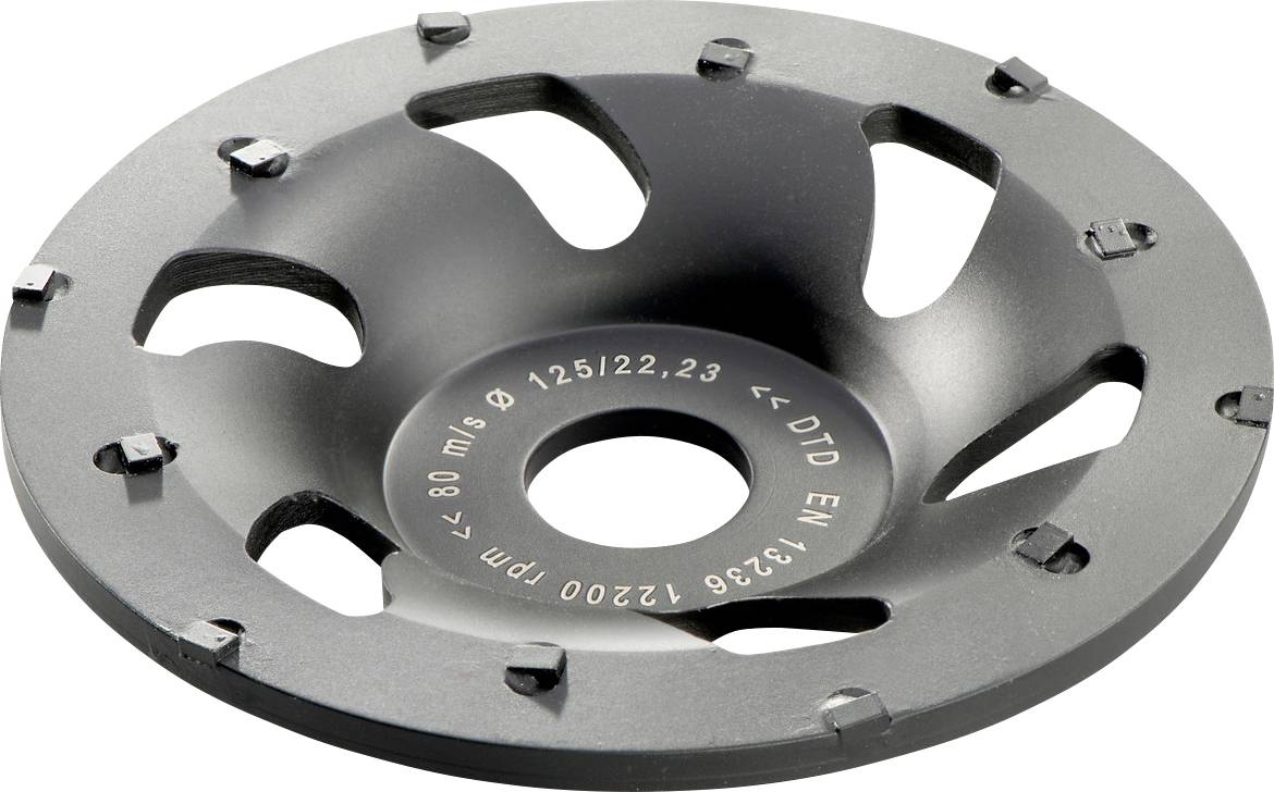 Disque de meulage noir avec plusieurs ouvertures et spécifications techniques gravées. Utilisé pour les travaux de meulage sur les chantiers.