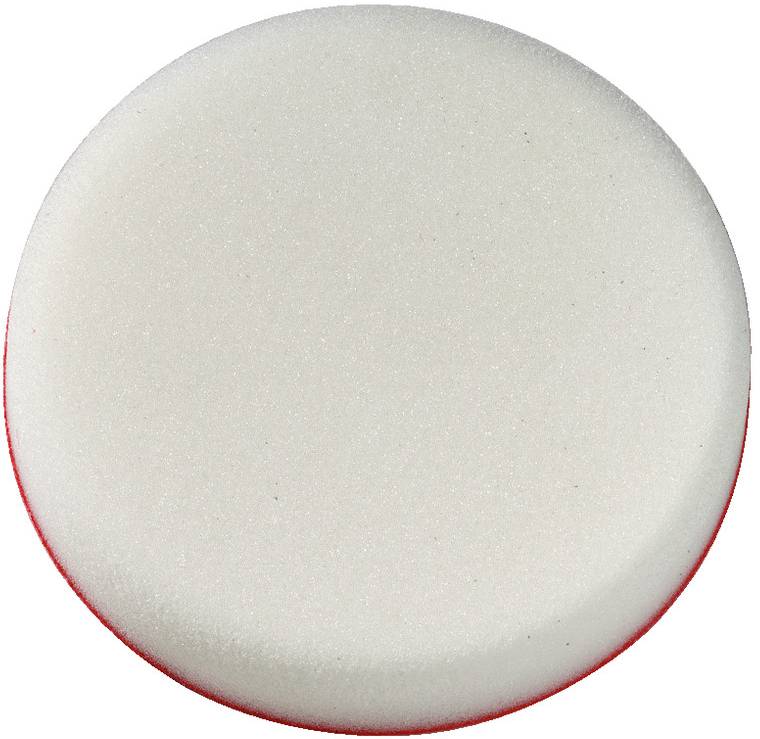 Un éponge ronde de couleur crème avec une surface lisse et un bord rouge, utilisée comme outil de nettoyage.