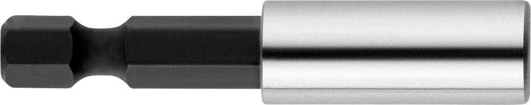 Un porte-embouts de tournevis en argent et noir avec une prise hexagonale, utilisable dans des visseuses sans fil ou des perceuses.